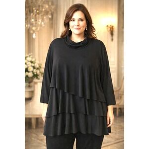 Susan Graver Liquid Knit Tunic Top 3X Black Tiered Ruffle High Neck Plus Size